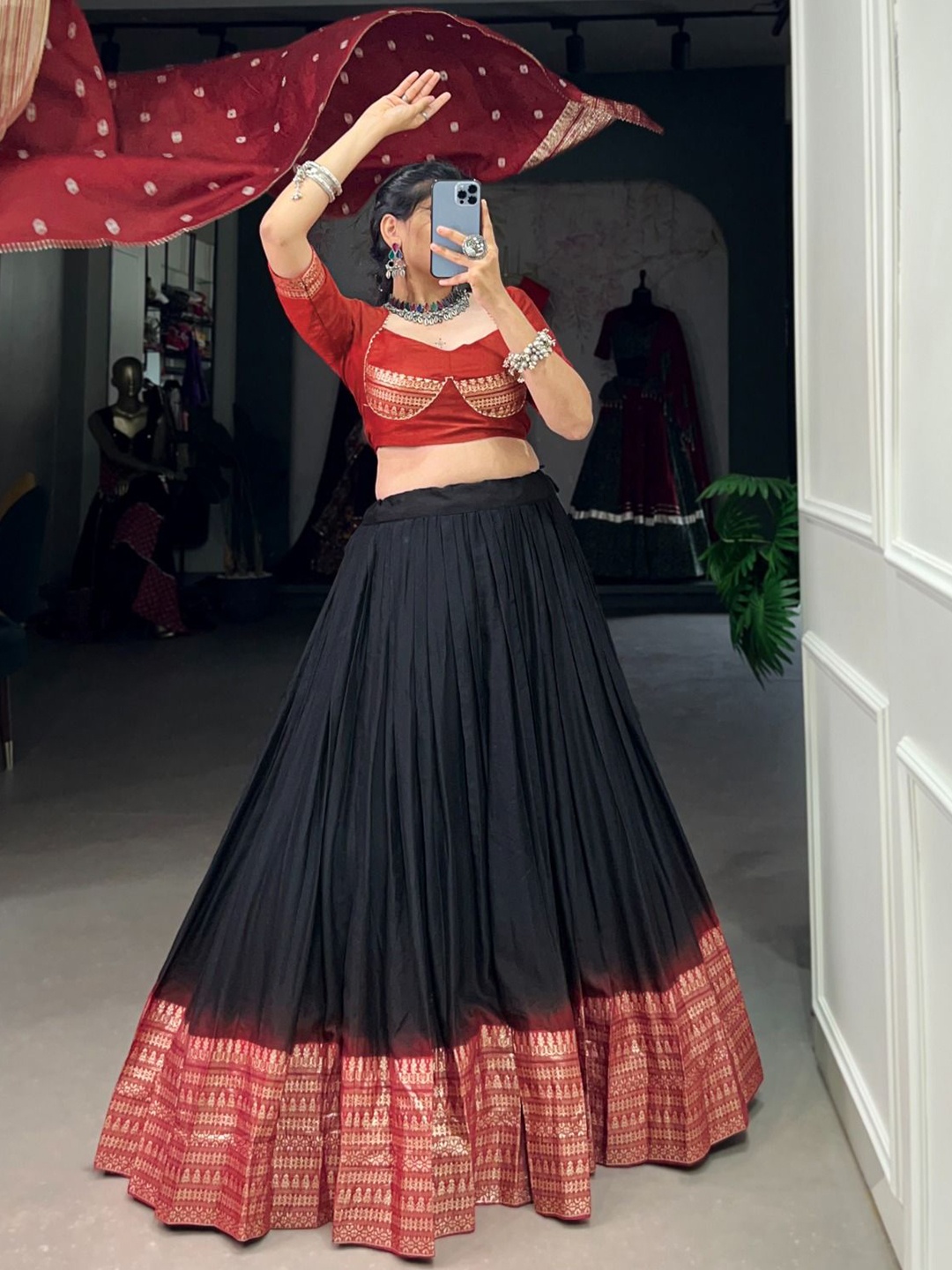 

RADHVI BIZ Ethnic Woven Design Silk Ready to Wear Lehenga & Semi-Stitched Blouse & Dupatta, Black