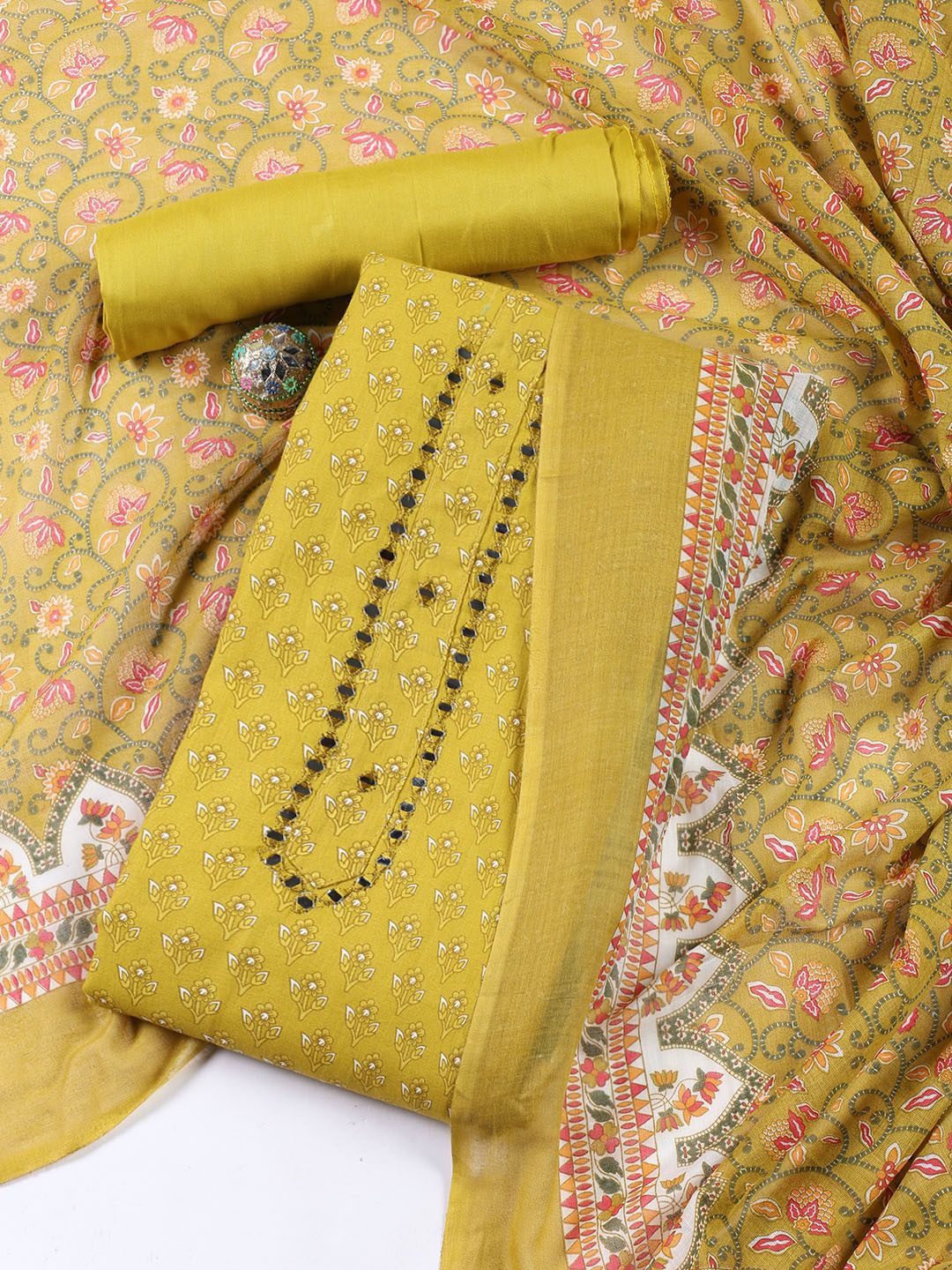 

Meena Bazaar Floral Printed Mirror Work Unstitched Dress Material, Mustard