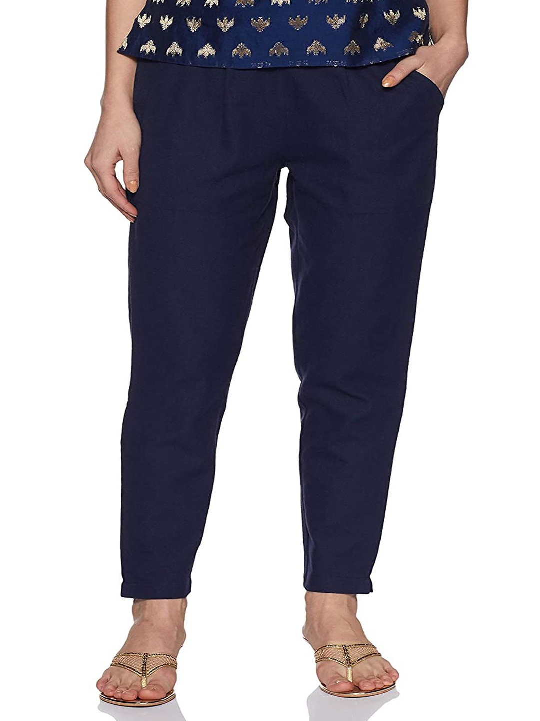 

ATARAH Cotton Regular Fit Mid Rise Trousers, Navy blue