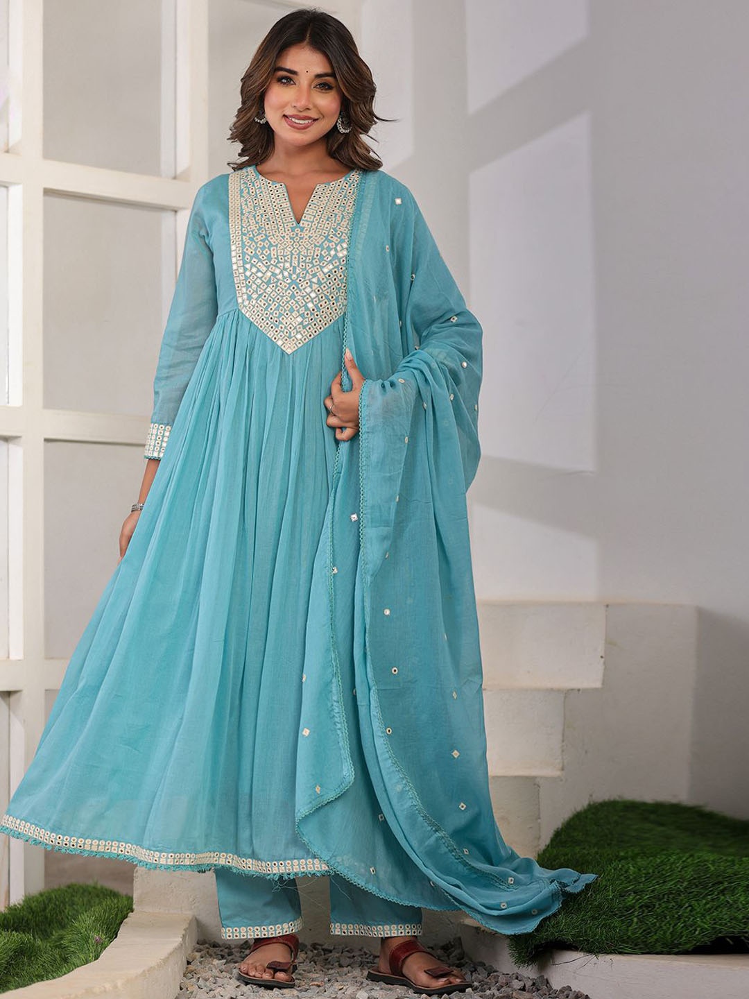 

CHETI Geometric Yoke Design Pleated Mirror Work Anarkali Kurta With Trousers & Dupatta, Blue