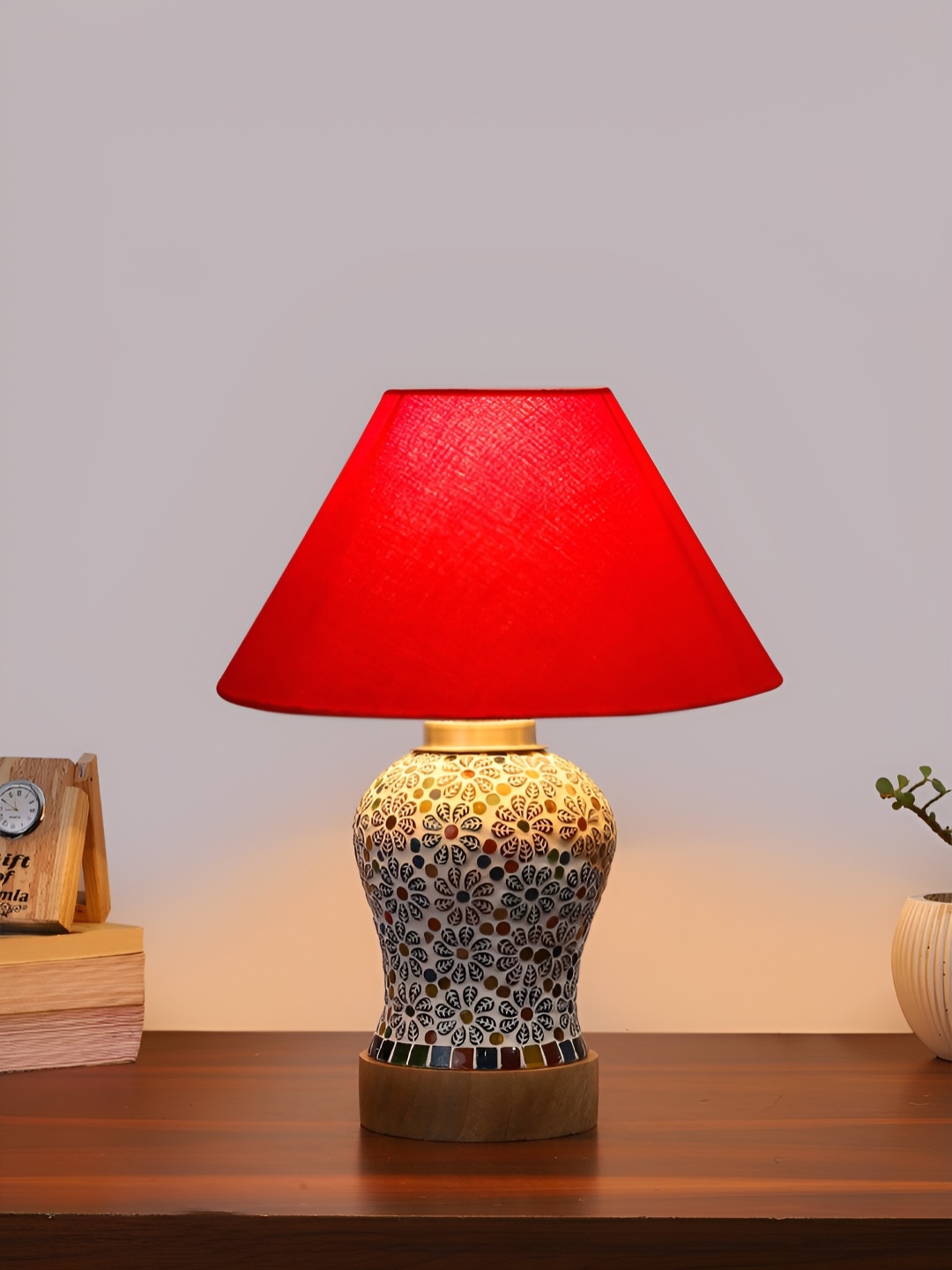 

Devansh Red Traditional Frusturical Shaped Wooden Table Lamp & Mosaic Glass