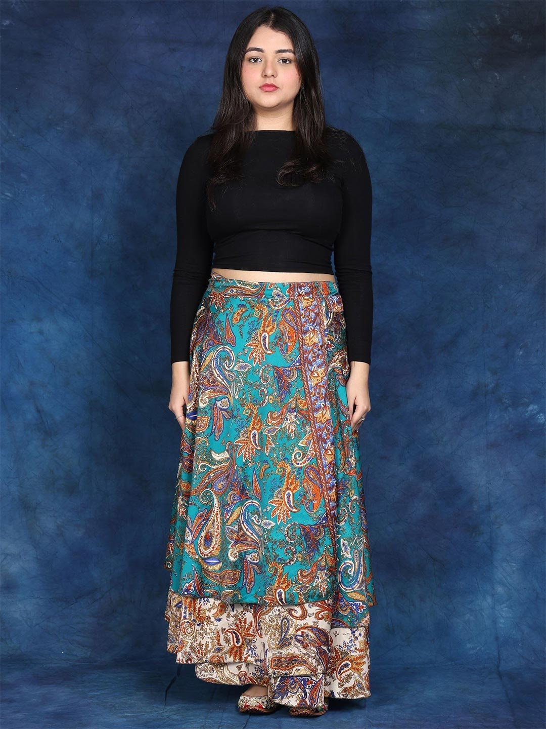 

Exotic India Double Layer Wrap-Around Long Skirt With Floral Print, Green