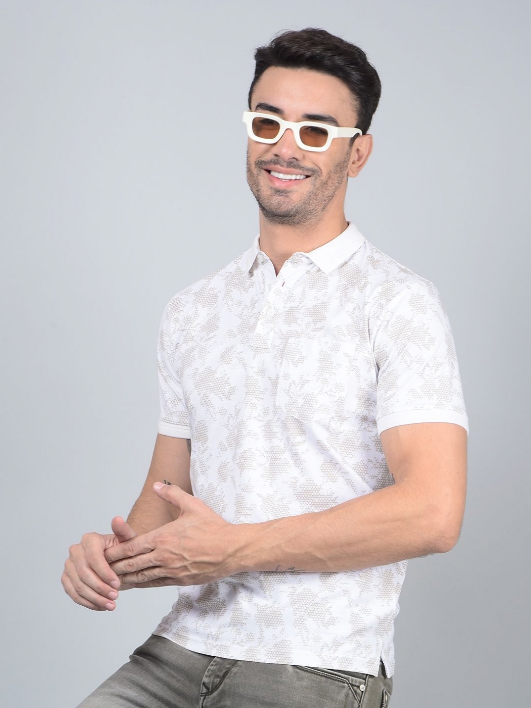 

Crimsoune Club Men Abstract Printed Polo Collar Cotton Slim Fit T-shirt, Lavender