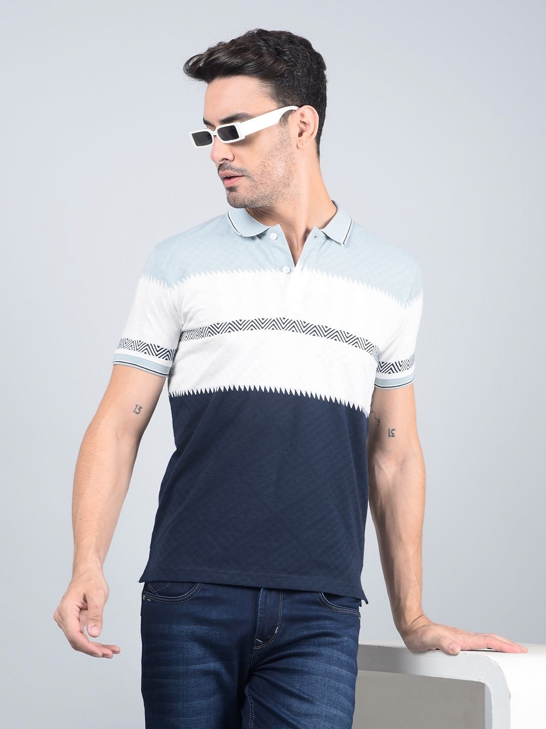 

Crimsoune Club Men Colourblocked Polo Collar Cotton T-shirt, Navy blue