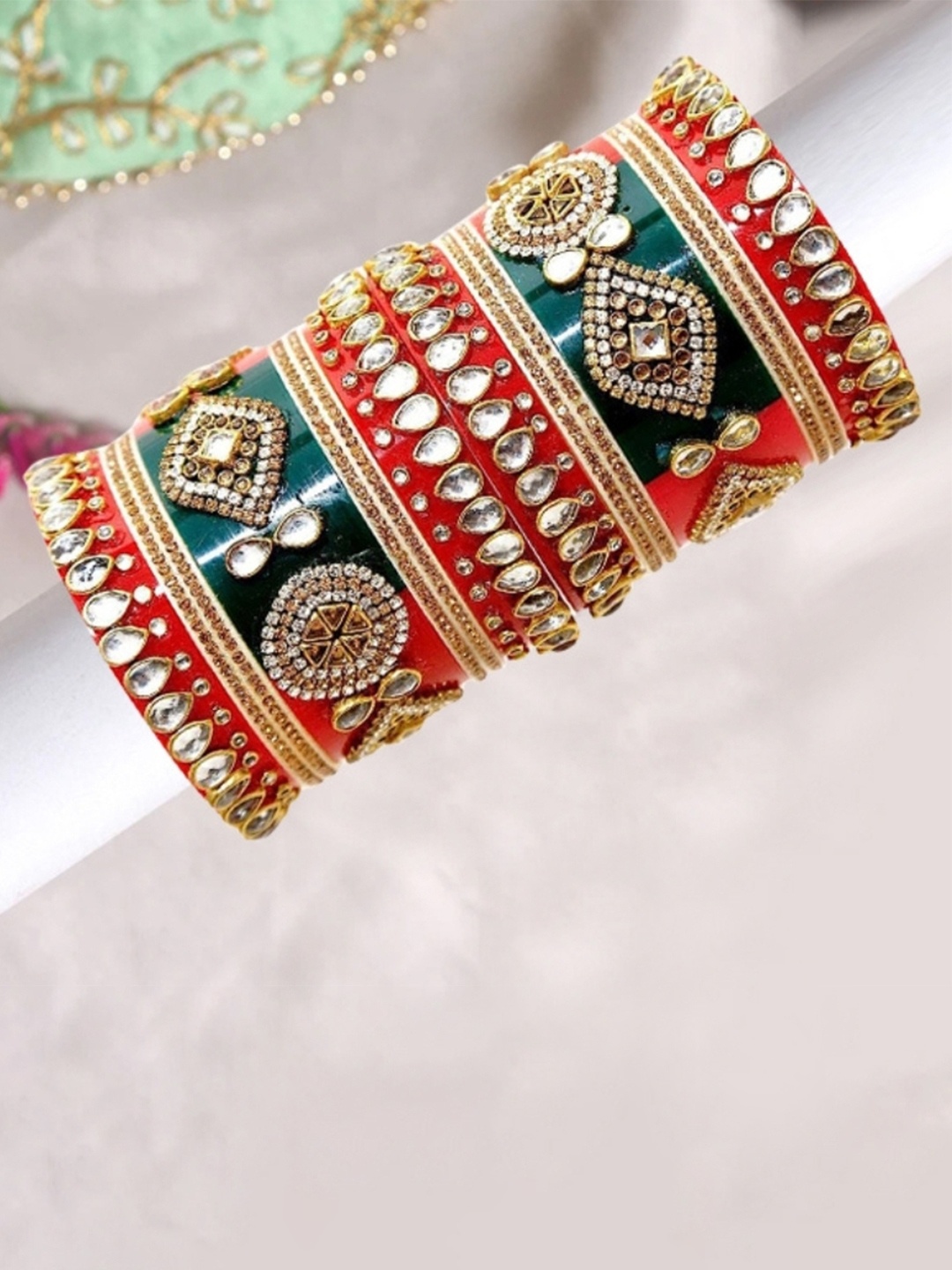 

Zindura Set Of 2 Gold-Plated Crystals-Studded & Beaded Chuda Bangles