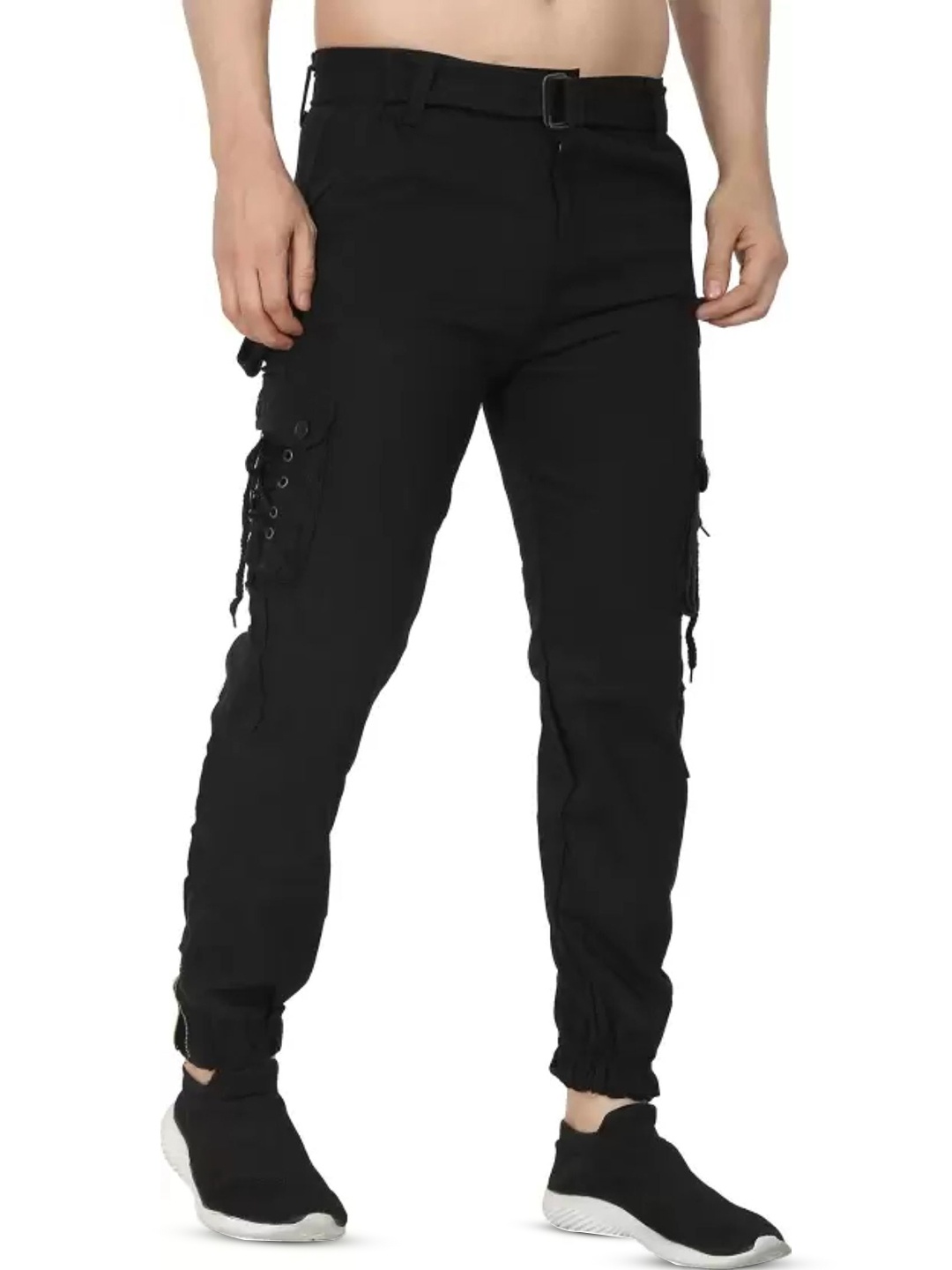 

COMFITS Men Regular Fit Mid-Rise Classic Cargos Trousers, Black