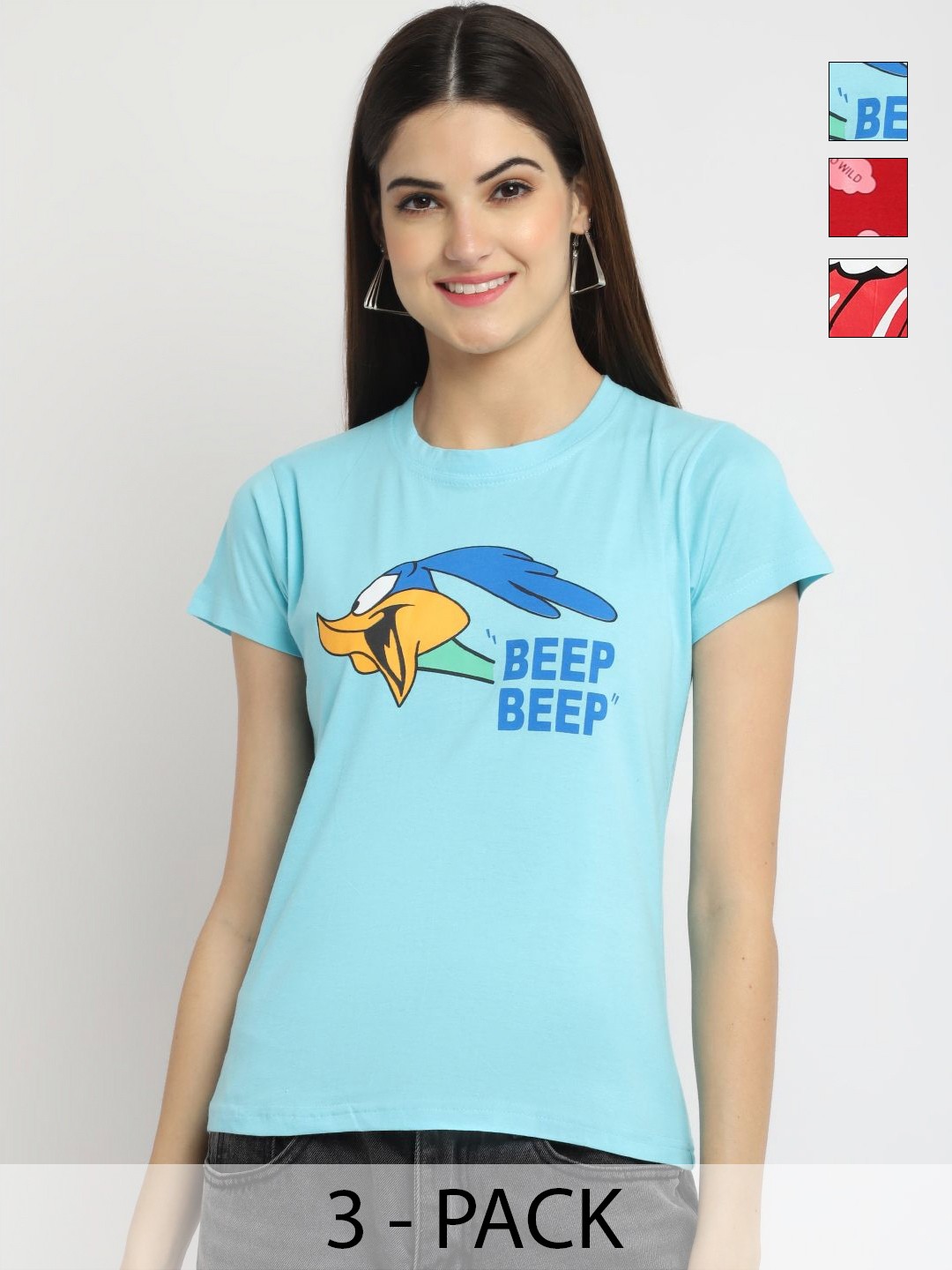 

Dreambe Women Pack of 3 Looney Tunes Graphic Printed Round Neck Cotton T-shirts, Blue