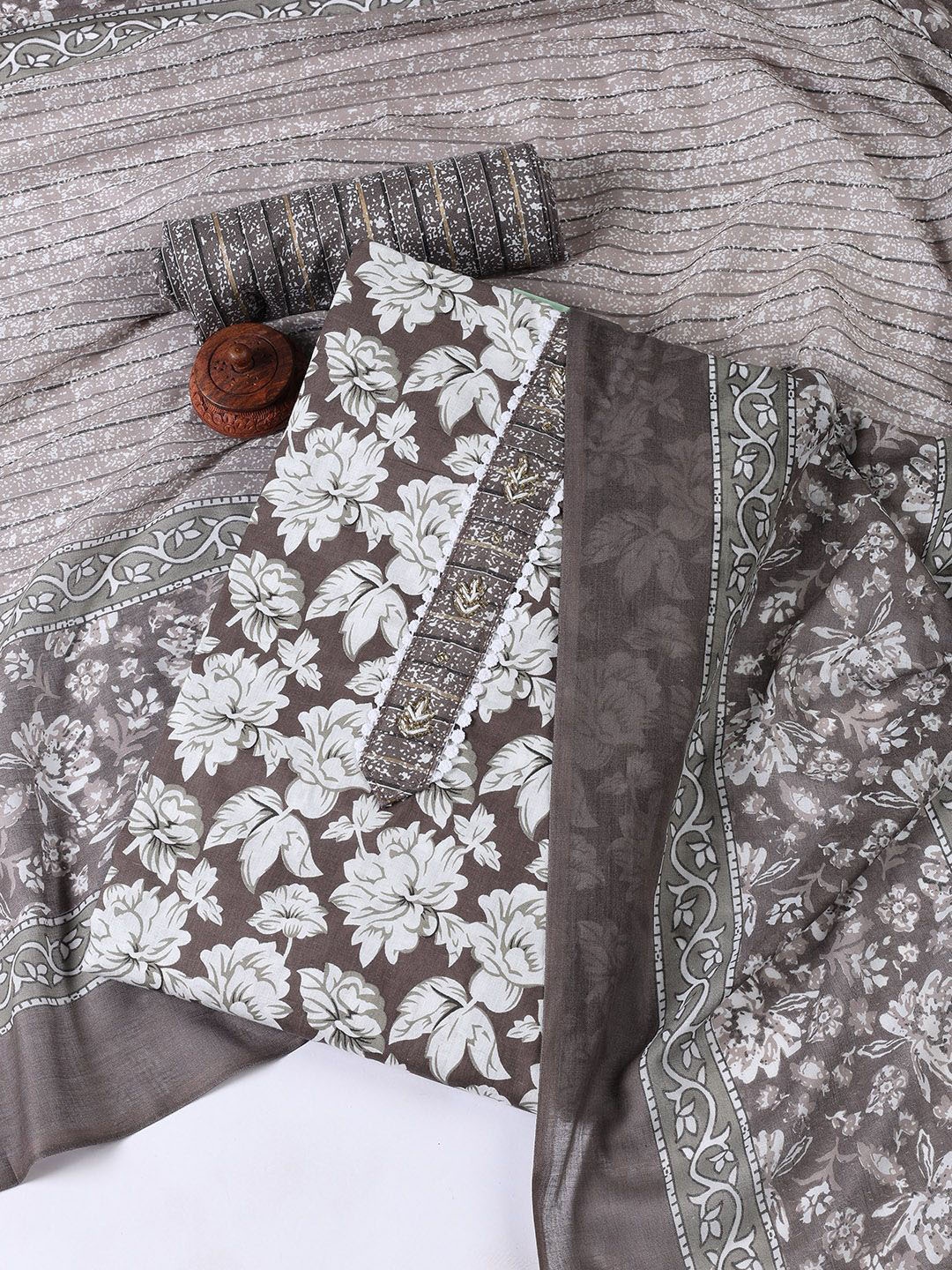 

Meena Bazaar Floral Printed Unstitched Dress Material, Brown