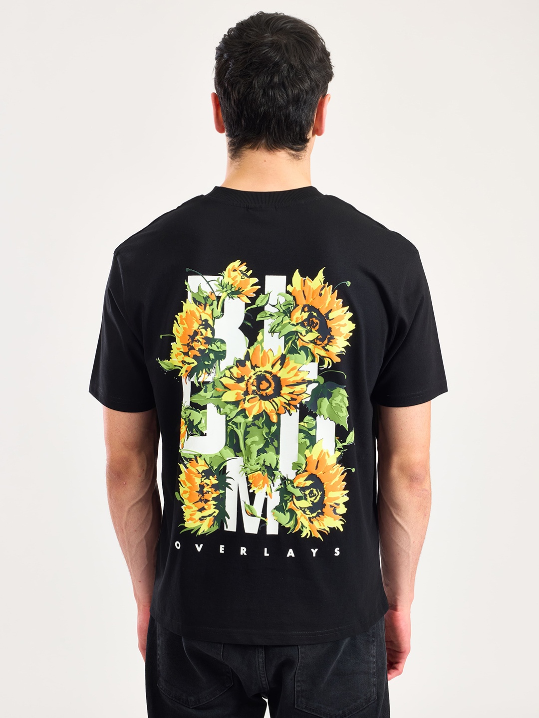 

Overlays Men Floral Printed Round Neck Cotton Relaxed Fit T-shirt, Black