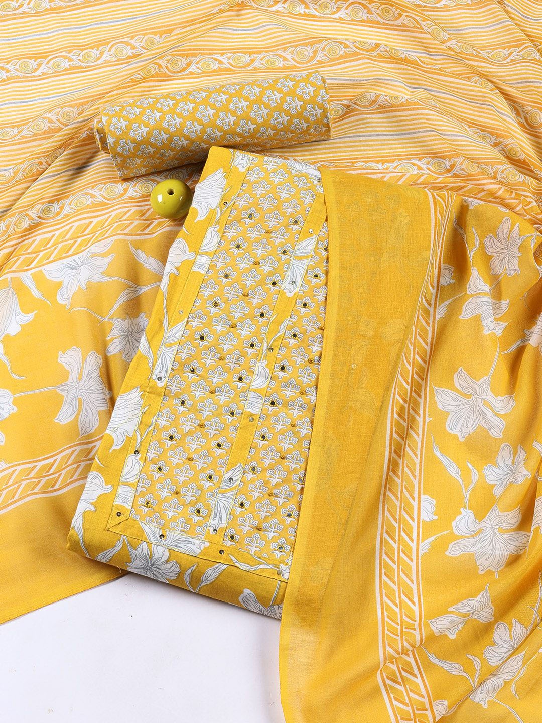 

Meena Bazaar Floral Printed Mirror Work Unstitched Dress Material, Yellow