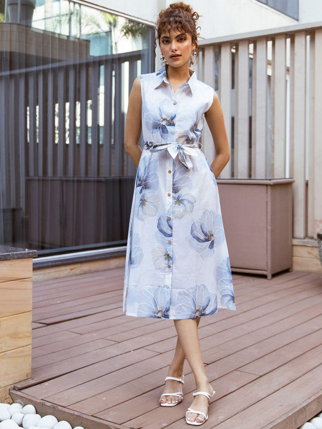 

ARAVALII Floral Printed Shirt Collar A-Line Dress, Blue
