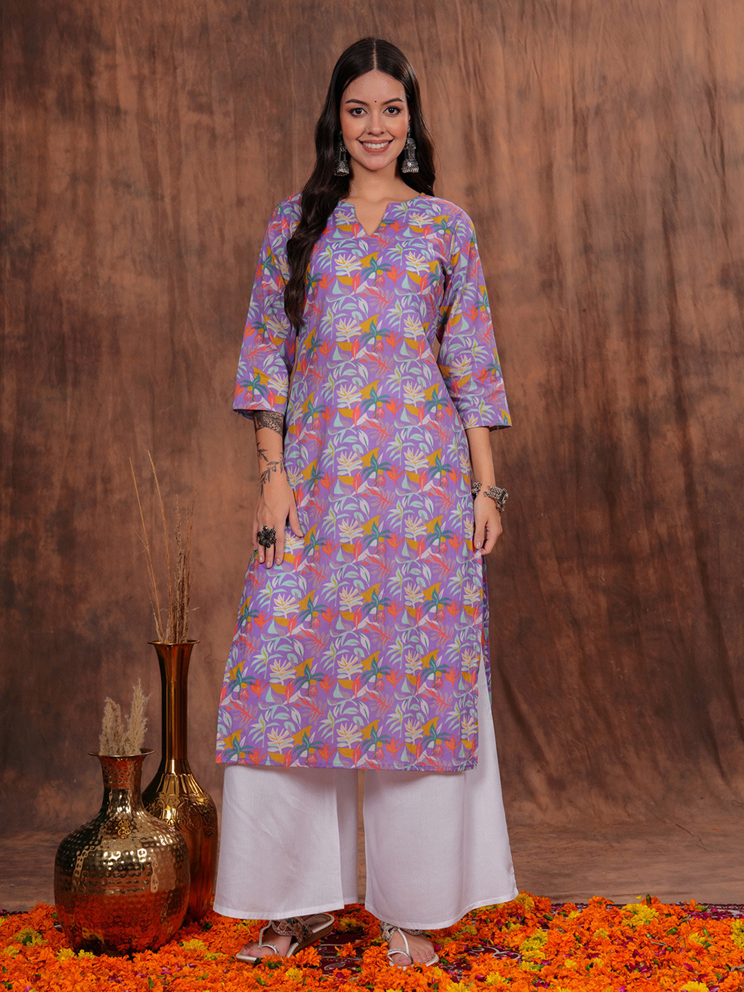 

HIBIKI Floral Printed Mandarin Collar Straight Cotton Kurta, Purple