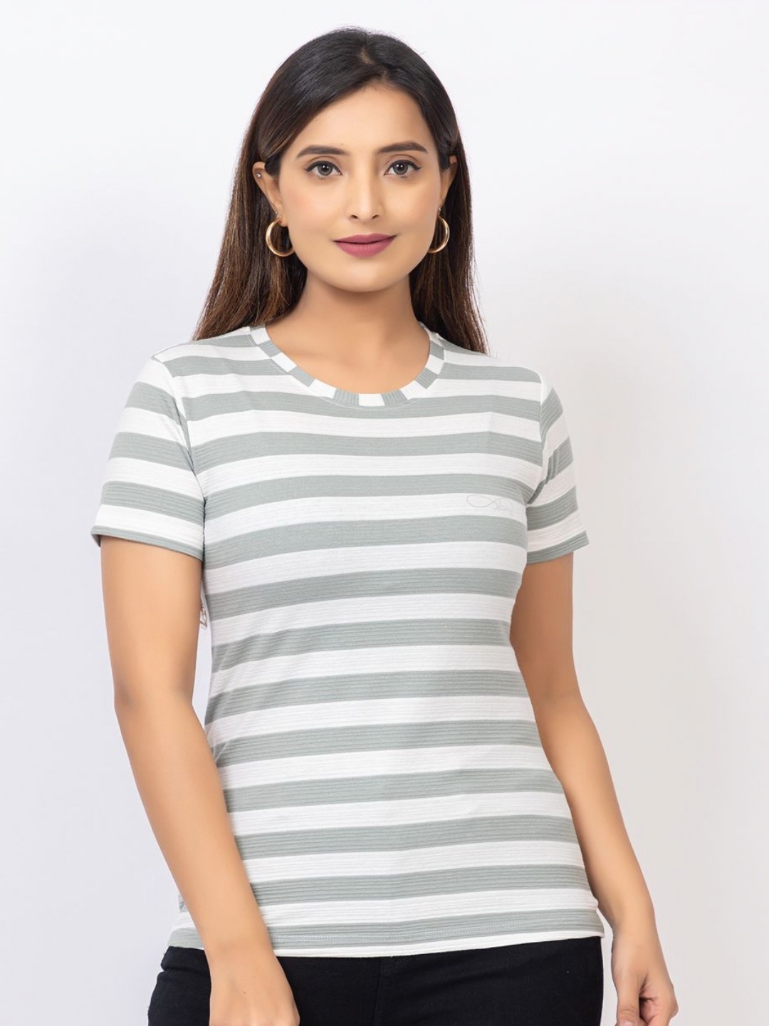 

GFO Striped Round Neck Cotton T-shirt, Grey