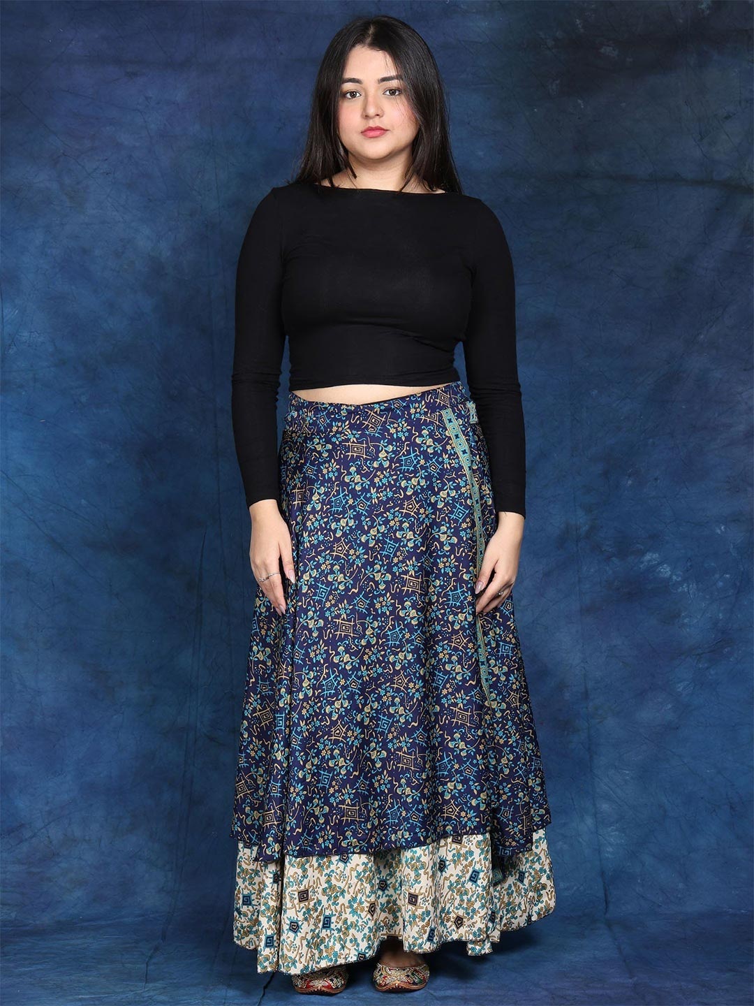 

Exotic India Women Double Layer Wrap-Around Long Skirt with Floral Print, Blue
