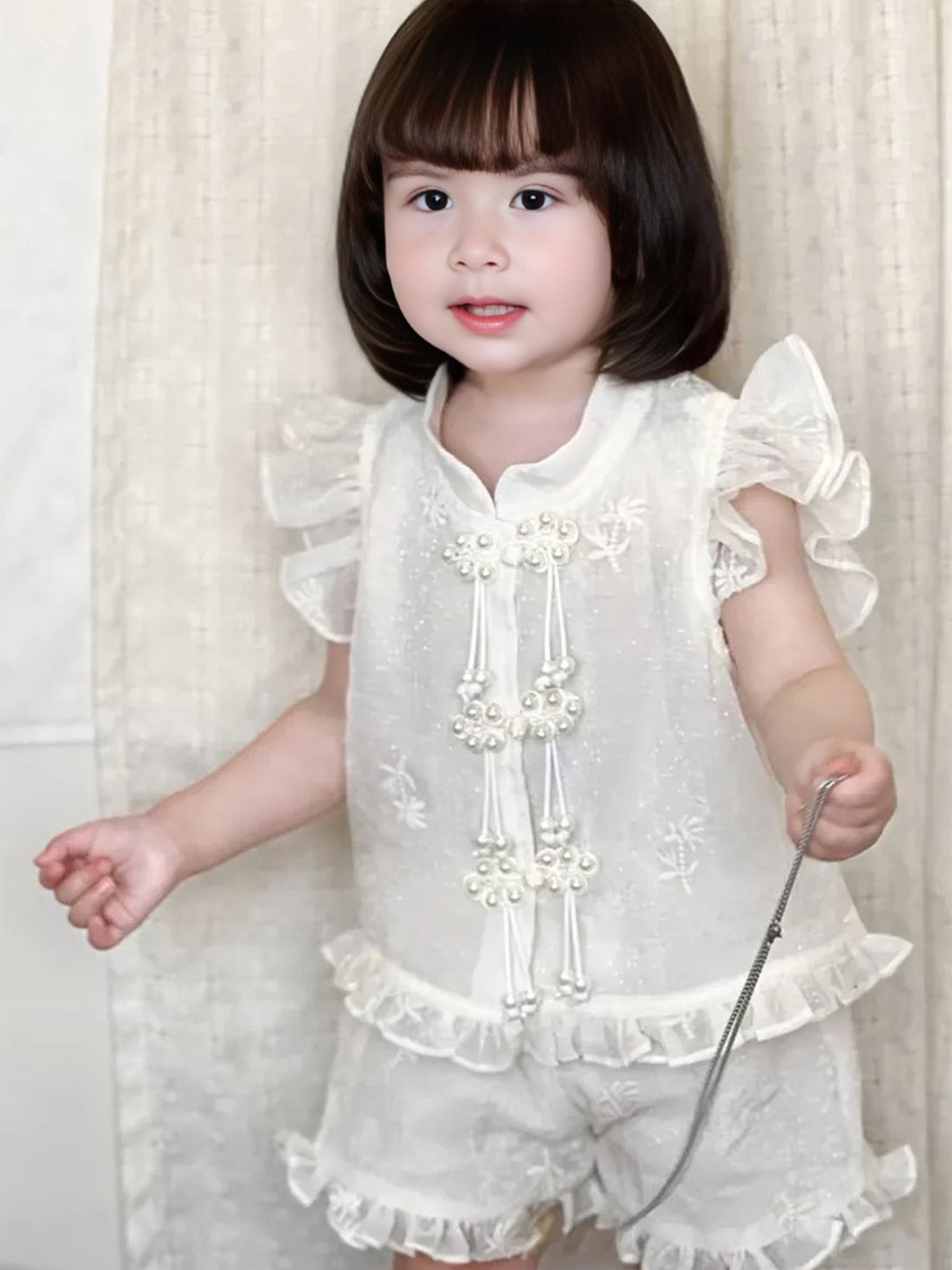 

FOREVER FRIDAY Girls Embroidered Round Neck Pure Cotton Top & Shorts, Off white
