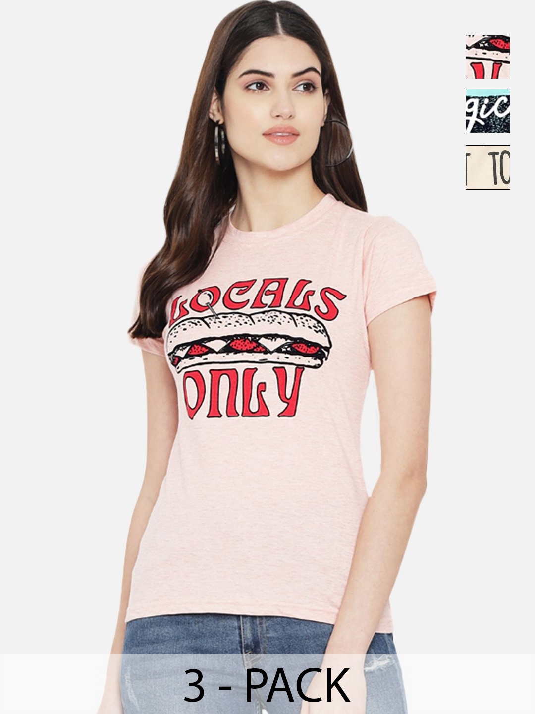 

Dreambe Women Pack of 3 Graphic Printed Round Neck Cotton T-shirts, Peach