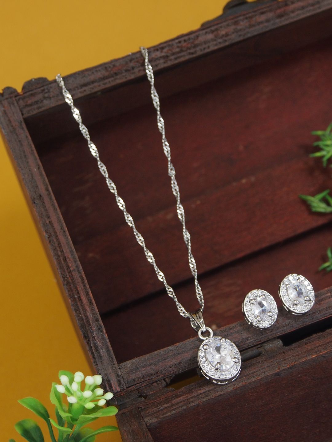 

I Jewels Silve-Plated Cubic Zirconia Stones Studded Chain And Earrings, Silver