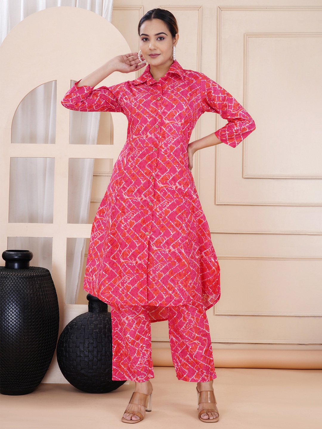 

TRUVON FASHIONS Printed Shirt Collar Tunic & Trouser, Pink