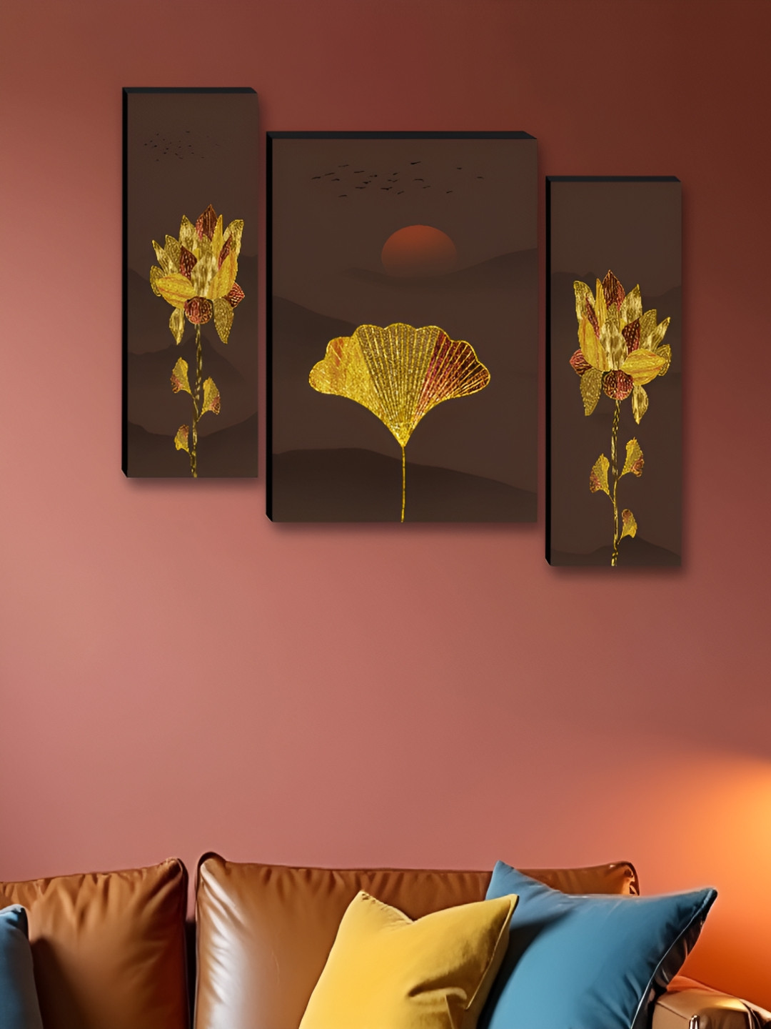 

Myntra Elegant Homes Brown & Gold-Toned 3 Pieces Floral Printed Wall Paintings