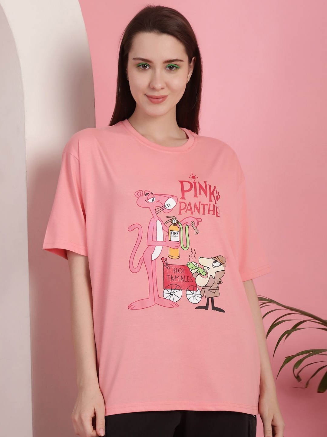 

Tromko Women Pink Panther Graphic Printed Round Neck Cotton Oversized T-shirt