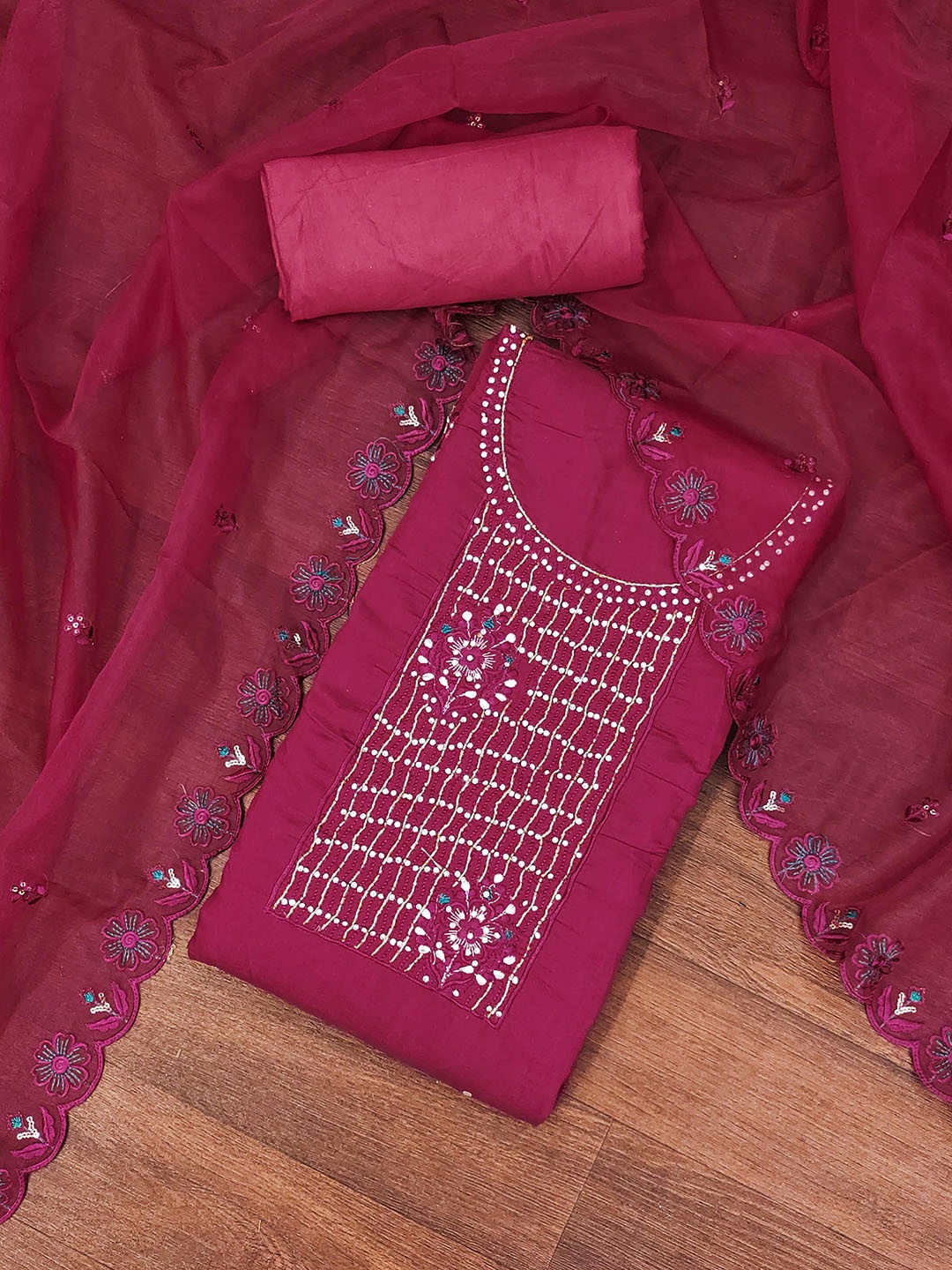 

SHADOW & SAINING Floral Embroidered Sequinned Roman Silk Unstitched Dress Material, Magenta