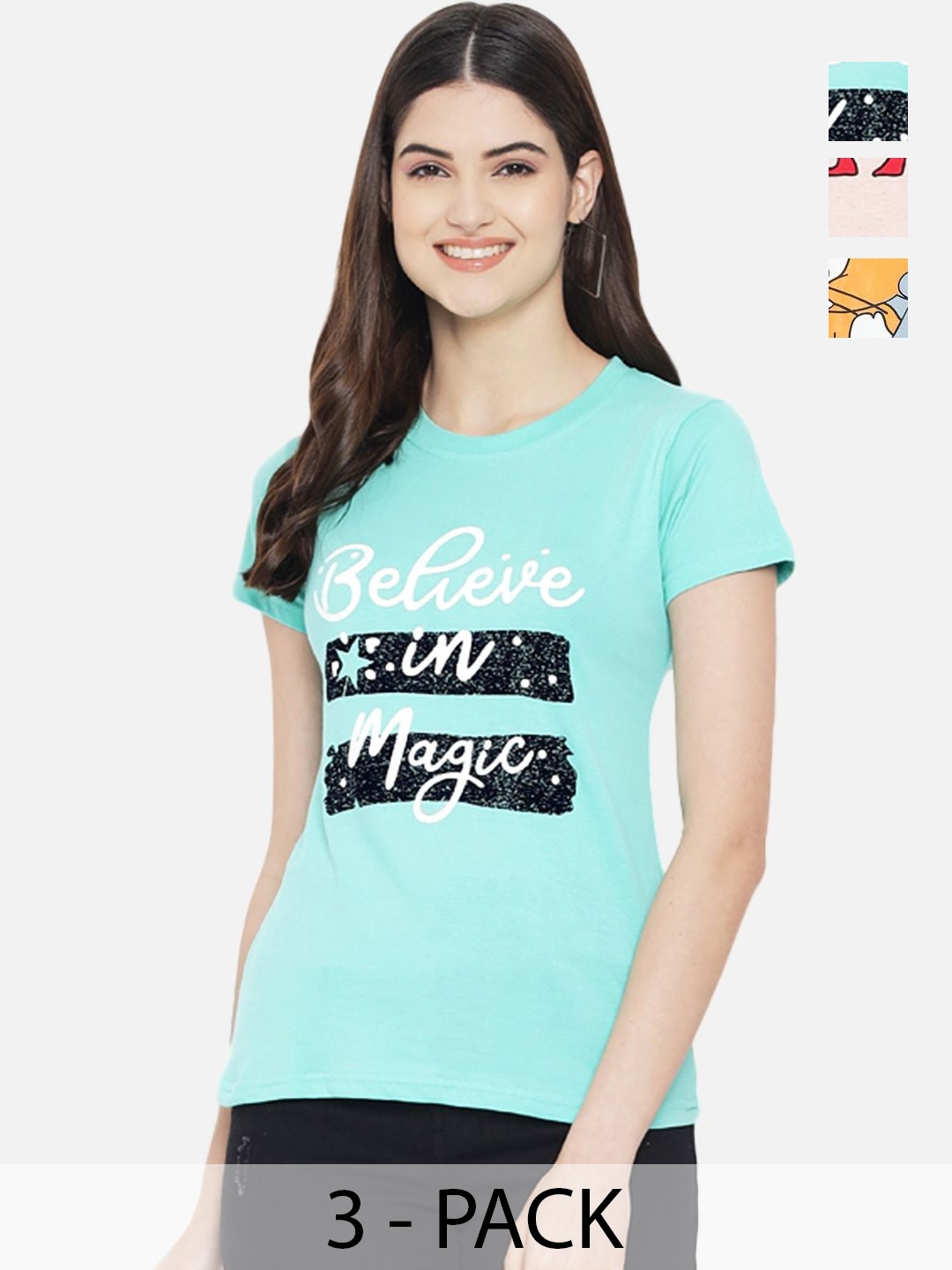 

Dreambe Pack Of 3 Typography Printed Round Neck Short Sleeves Cotton T-shirt, Blue