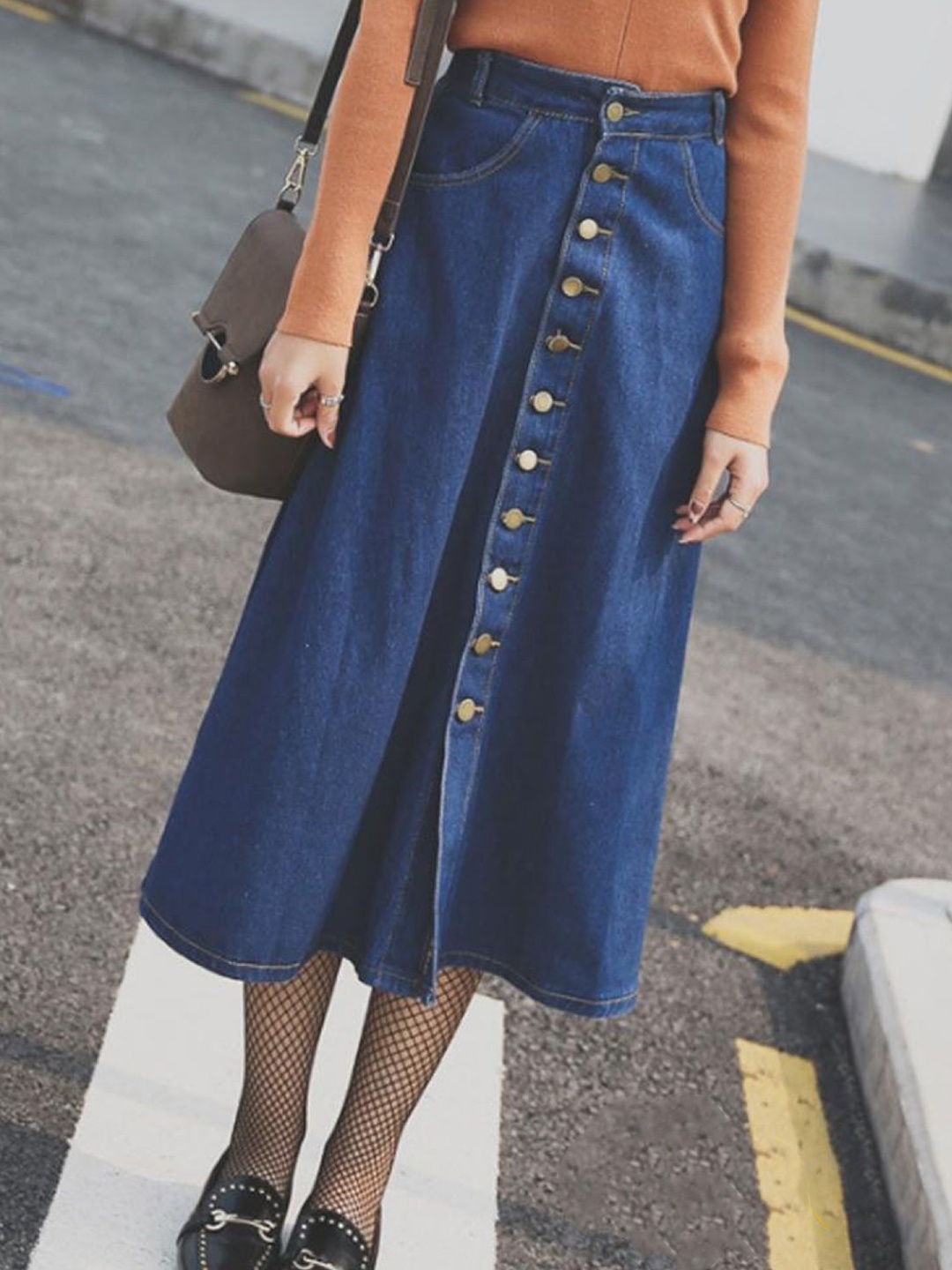 

Tripursundari Fashion Women Denim A-Line Midi Skirt, Navy blue