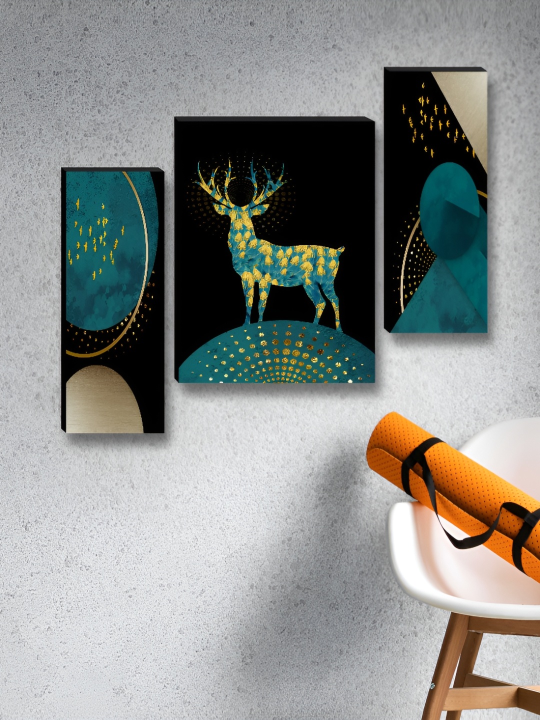 

Myntra Elegant Homes Blue & Gold-Toned 3 Pieces Deer Printed Wall Art