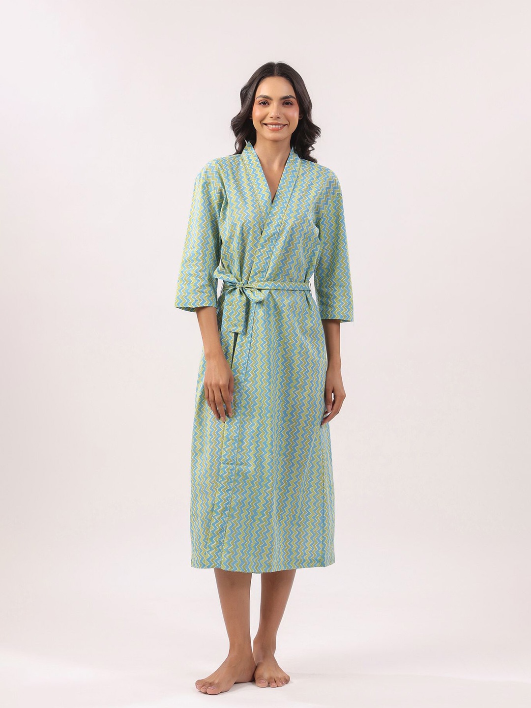 

JISORA Women Cotton Blue Printed Knee Length Robe