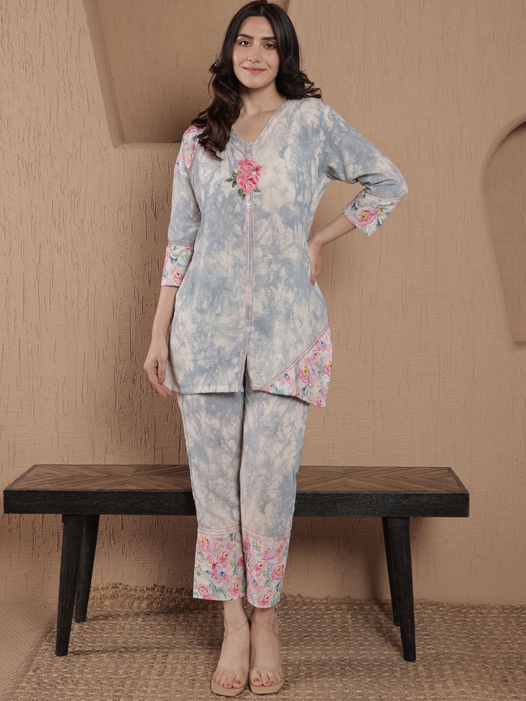 

SRIHA Floral Printed Pure Cotton Tunic With Trousers, Blue