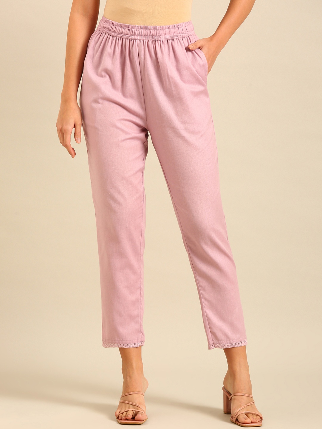 

De Moza Women Cotton Cropped Cigarette Trousers, Pink