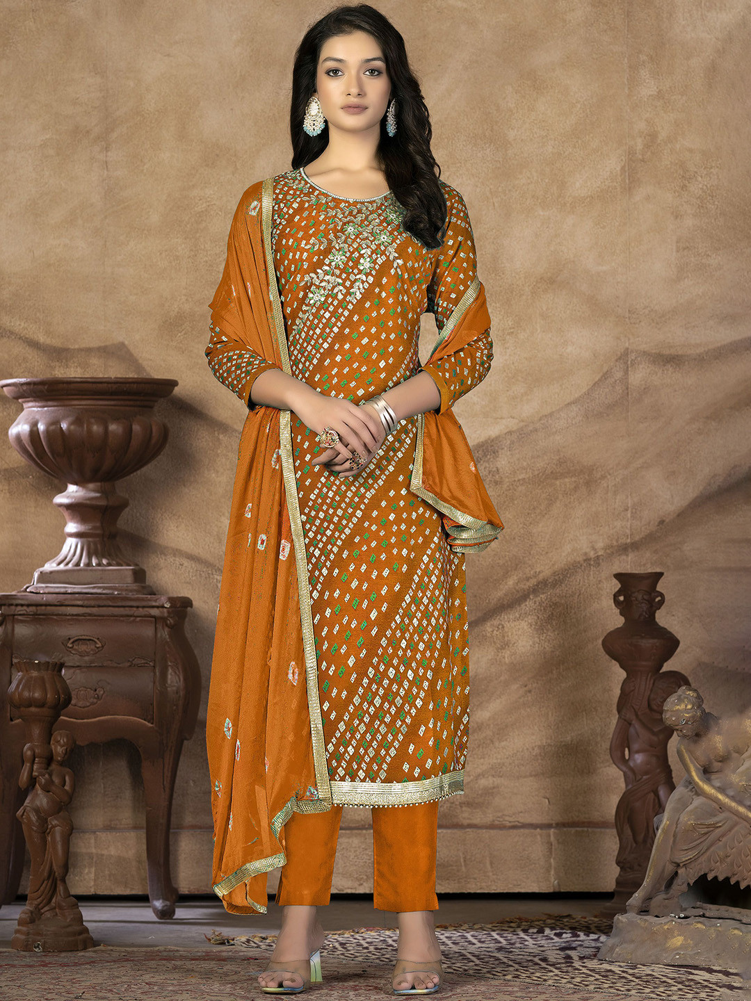 

SHADOW & SAINING Printed Gotta Patti Pure Cotton Semi-Stitched Dress Material, Mustard