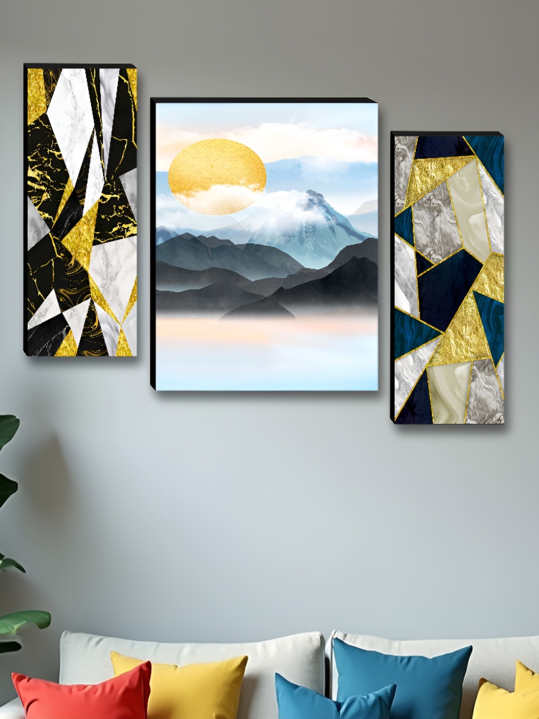 

Myntra Elegant Homes White & Gold-Toned 3 Pieces Sun Printed Wall Art