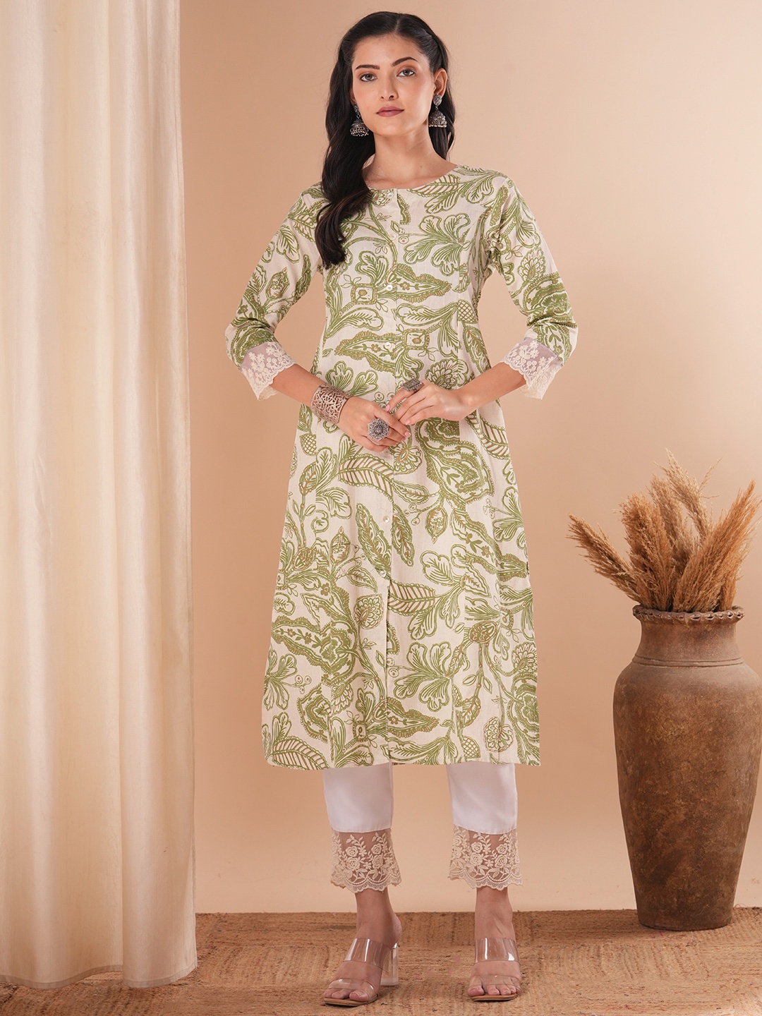 

FASHOR Floral Printed Round Neck Cotton A-Line Kurta, Cream