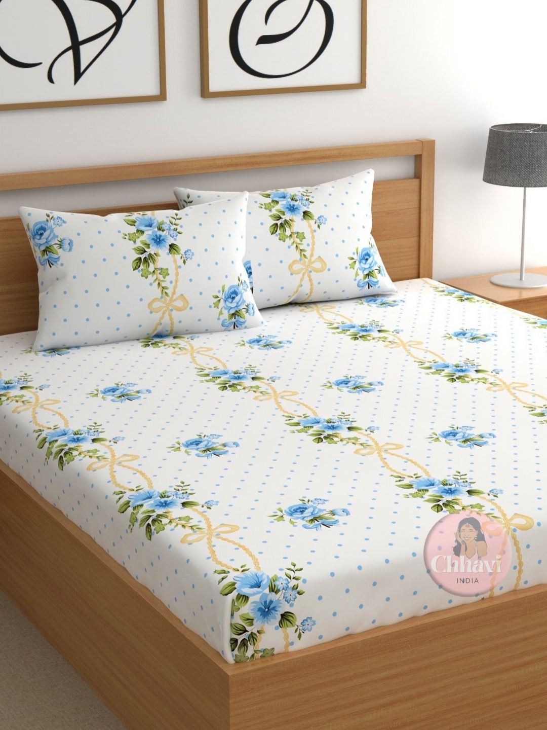 

CHHAVI INDIA White & Blue Floral 210 TC Microfiber Queen Bedsheet Set 2.50 m x 2.25 m