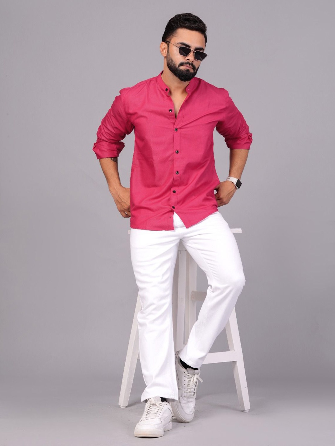 

UNIBLISS Mandarin Collar Long Sleeves Slim Fit Cotton Shirt, Magenta