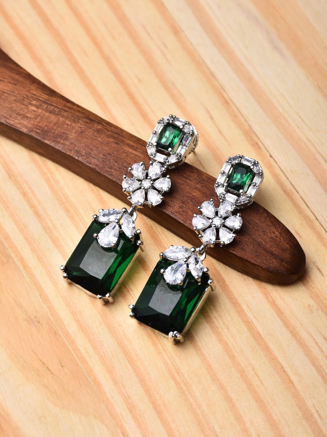 

Reenisaa Rhodium-Plated Cubic Zirconia Floral Drop Earrings, Green