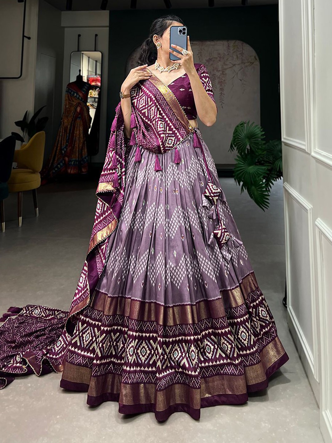 

RADHVI BIZ Printed Kalamkari Ready to Wear Lehenga & Semi-Stitched Blouse With Dupatta, Purple