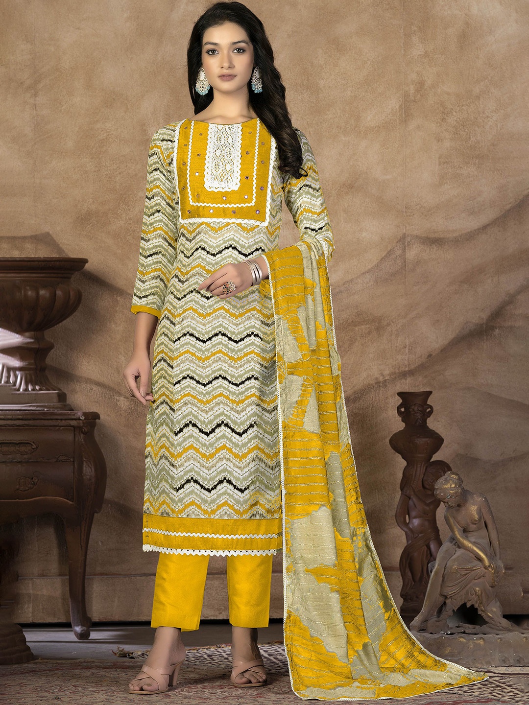 

SHADOW & SAINING Geometric Printed Mirror Work Pure Cotton Semi-Stitched Dress Material, Green