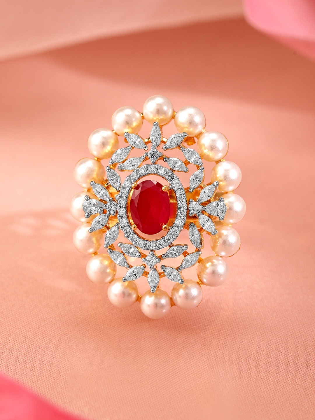 

Rubans 22K Gold Plated Ruby Cubic Zirconia Studded & Beaded Adjustable Finger Ring