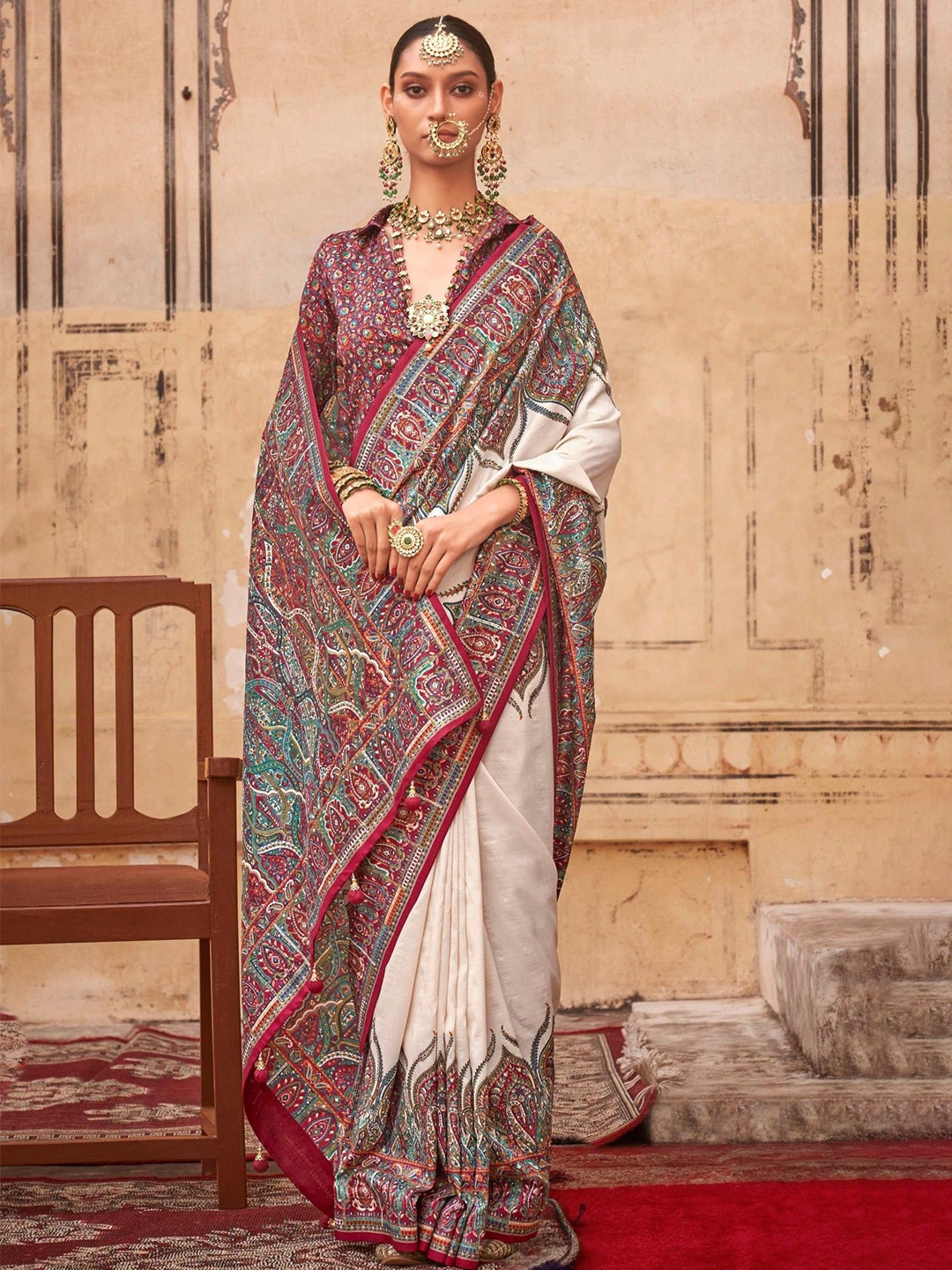 

MySilkLove Milk White Printed Jamawar Saree