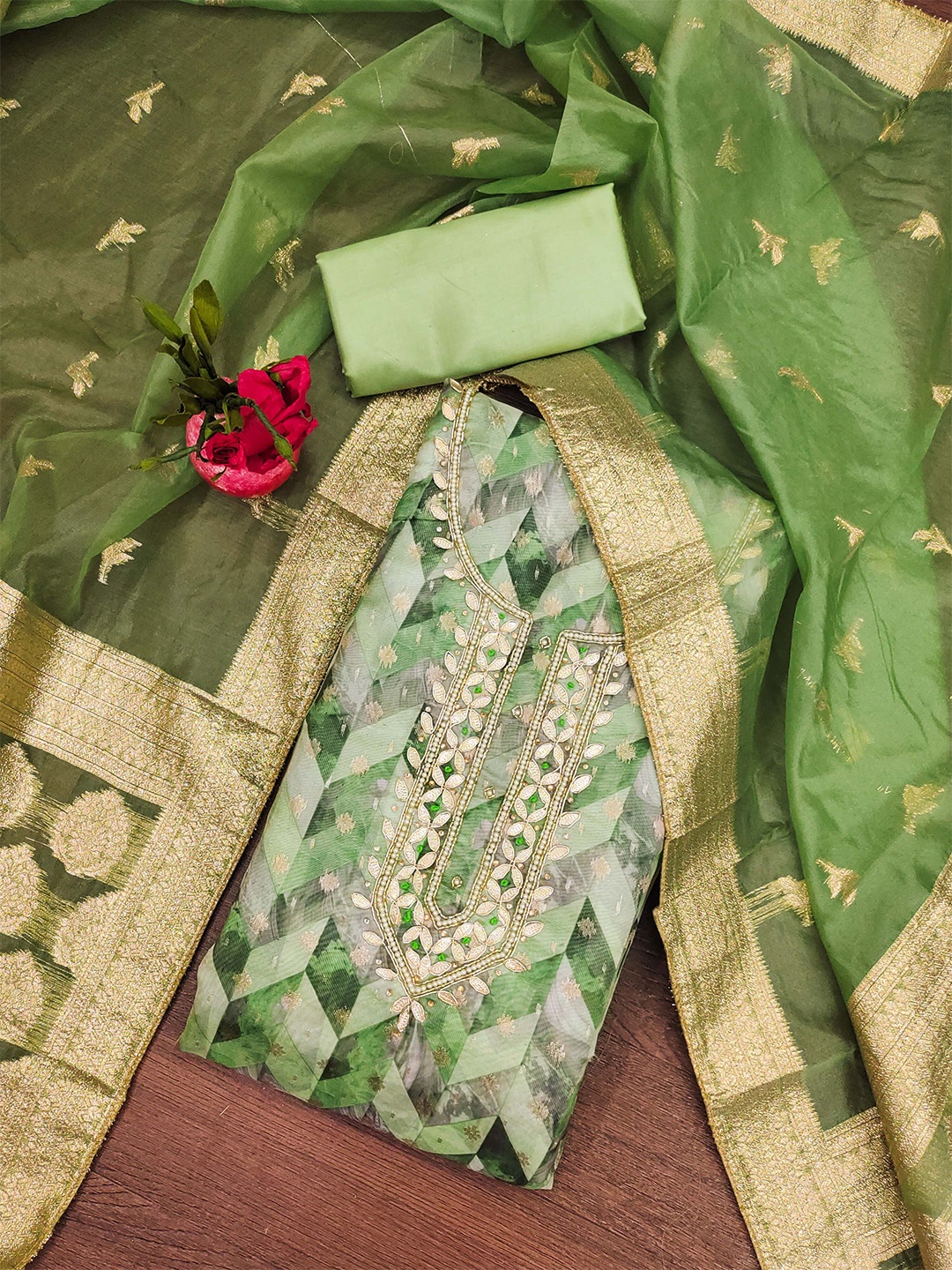 

SHADOW & SAINING Floral Woven Design Sequinned Organza Semi-Stitched Dress Material, Green