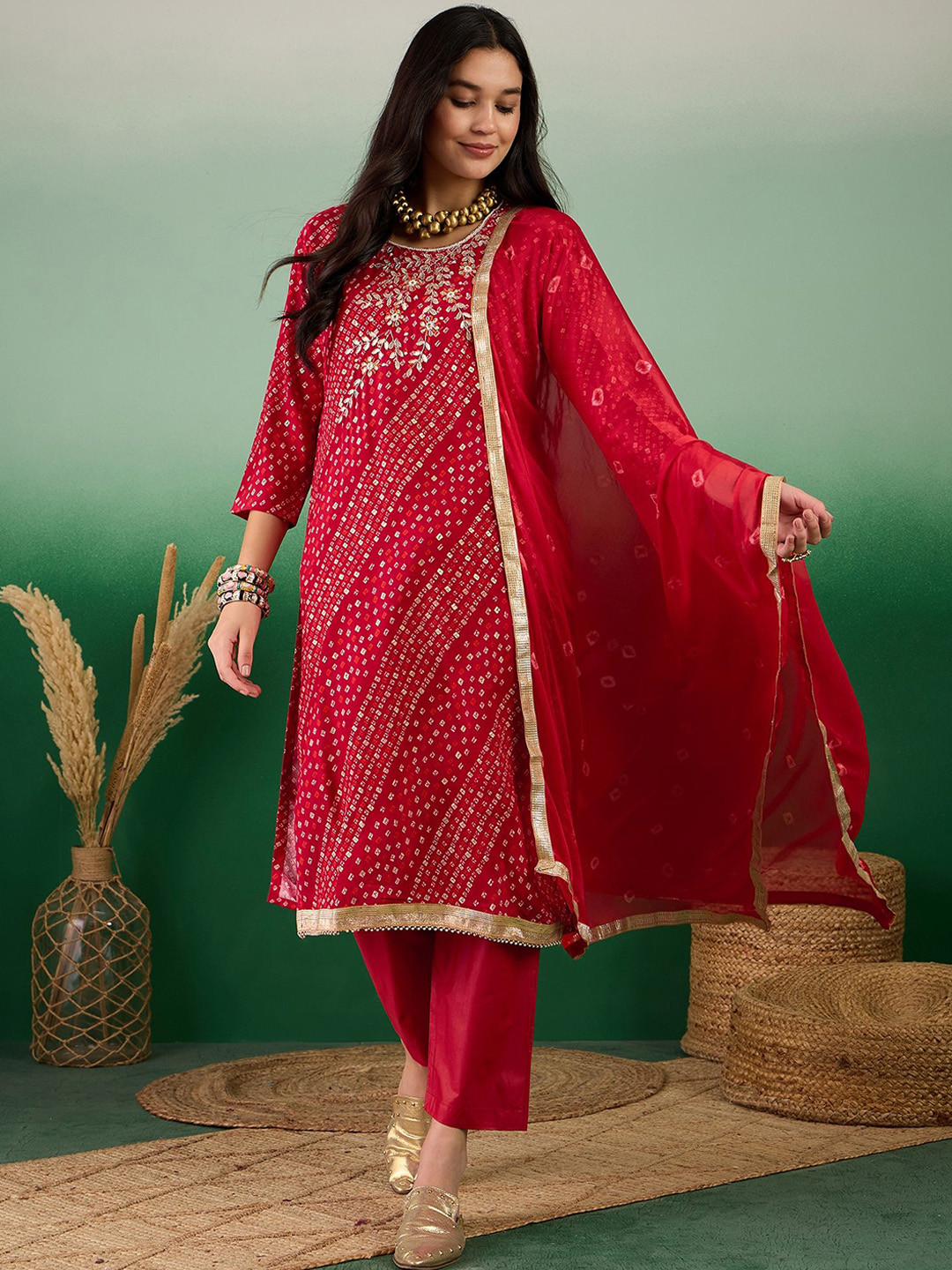 

SHADOW & SAINING Bandhani Printed Beads & Stones Pure Cotton Semi-Stitched Dress Material, Red