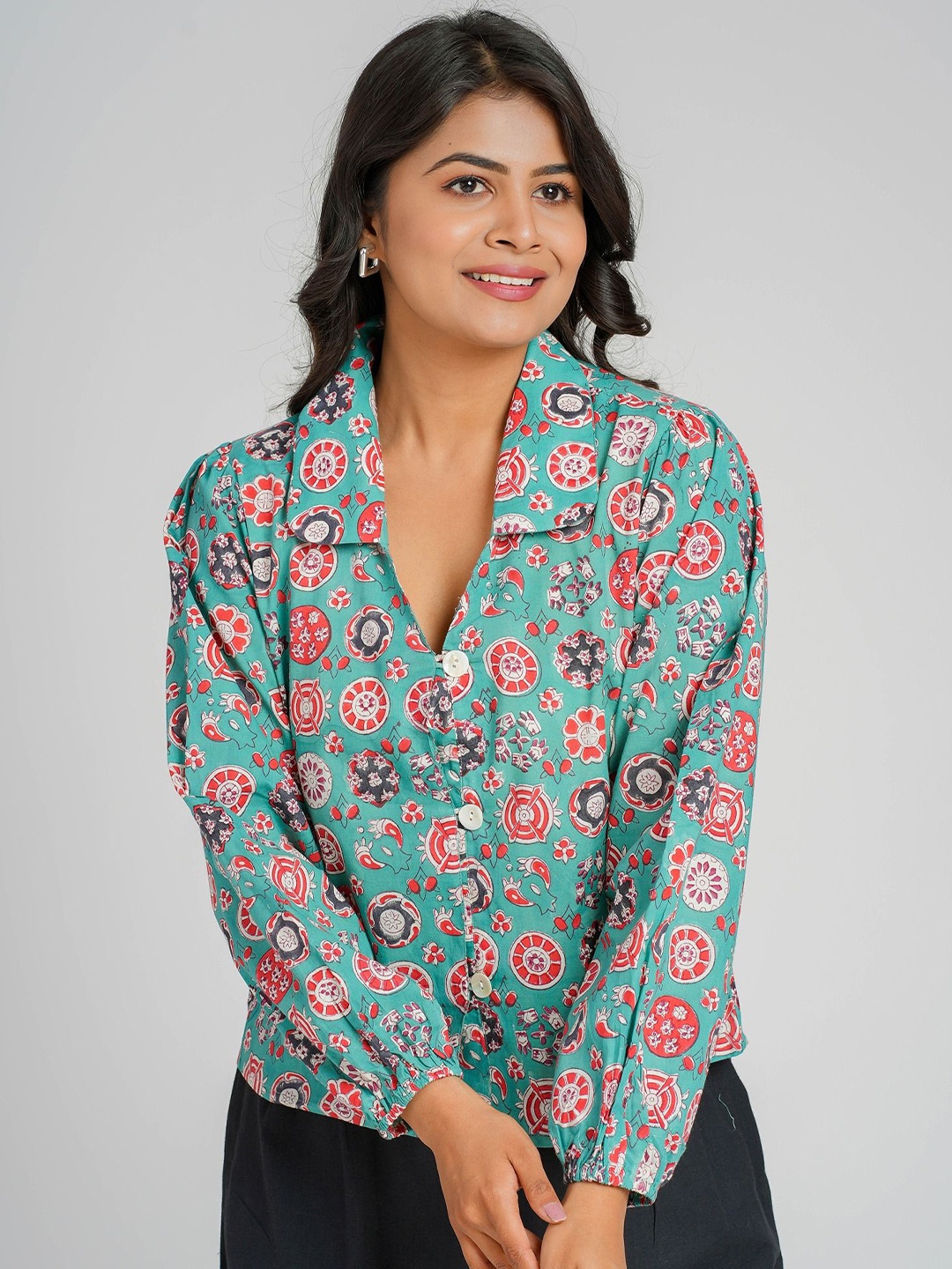 

Cotton Curio Women Cotton Block Printed Short Top, Teal