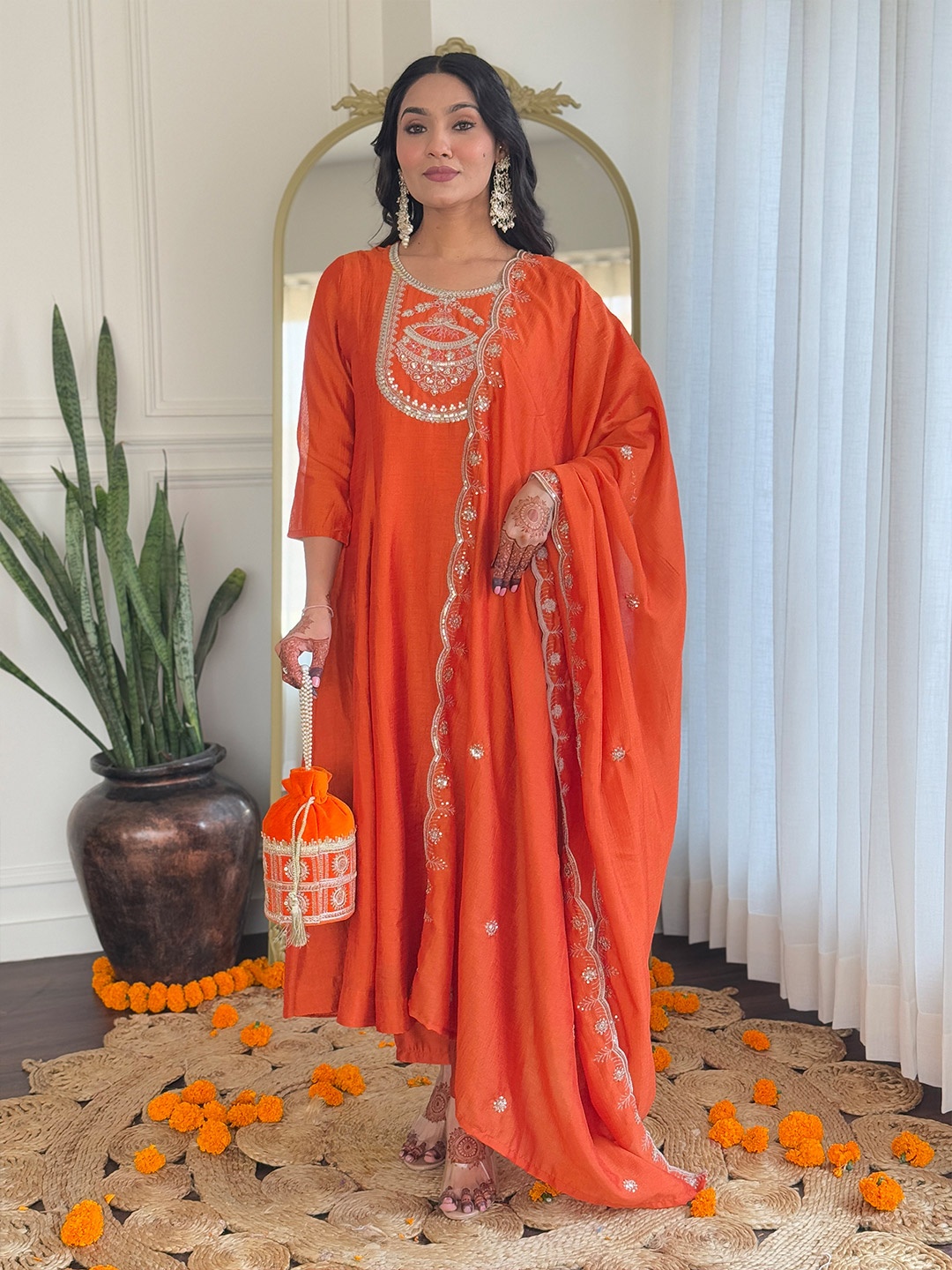 

CHANDALIYO Floral Yoke Design Sequinned Work A-Line Kurta With Trousers & Dupatta, Orange