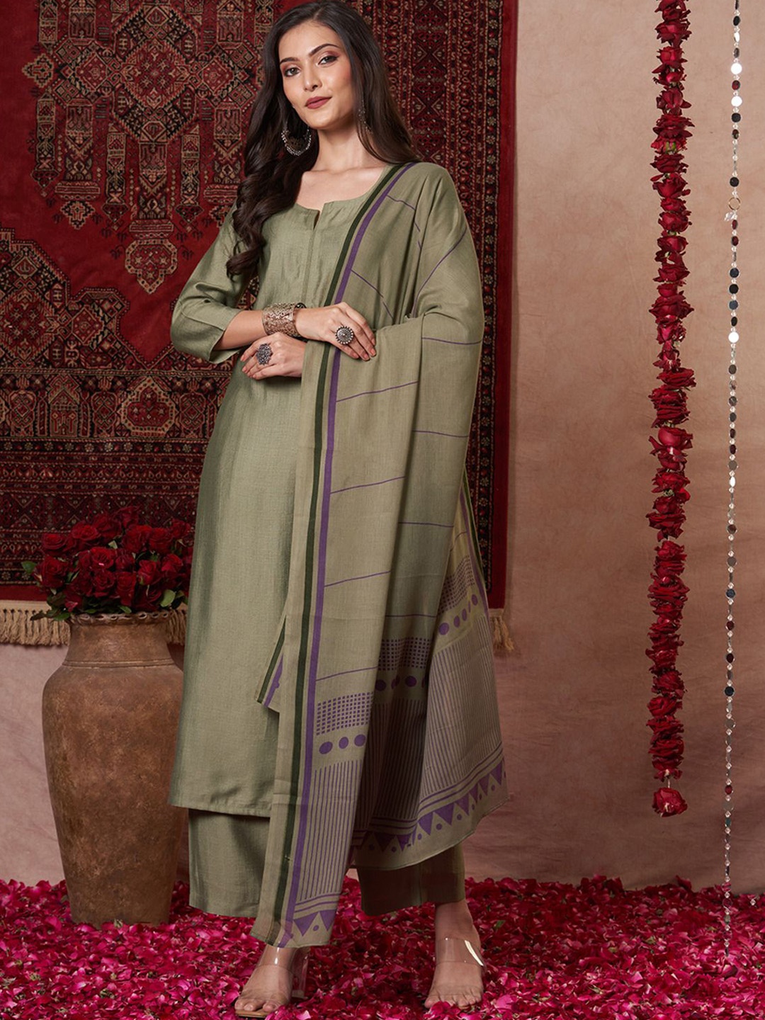 

KALINI Notch Neck Straight Kurta With Palazzos & Dupatta, Green