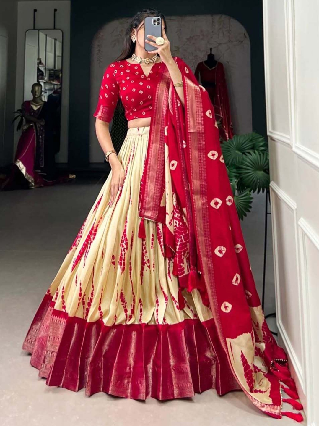 

RADHVI BIZ Printed Ready to Wear Lehenga & Semi-Stitched Blouse With Dupatta, Red