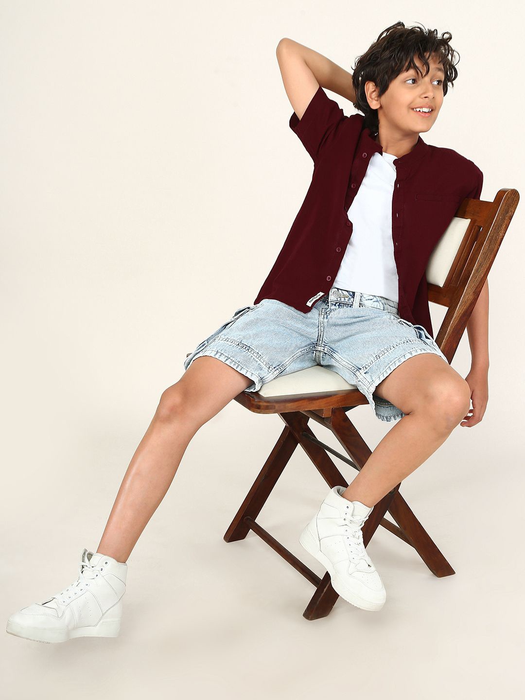 

BONKIDS Boys Band Collar Short Sleeves Cotton Shirt, Maroon