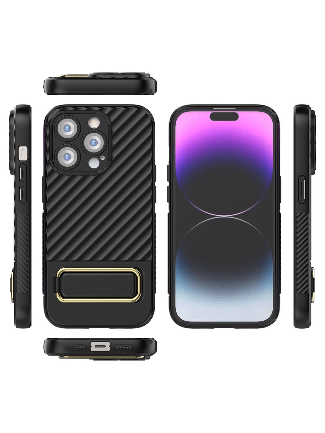 

QRIOH Solid iPhone 14 Pro Back Case with Gold Metal Kickstand, Black