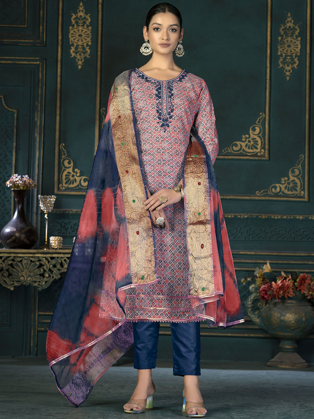 

SHADOW & SAINING Embroidered Pure Cotton Semi-Stitched Dress Material, Blue